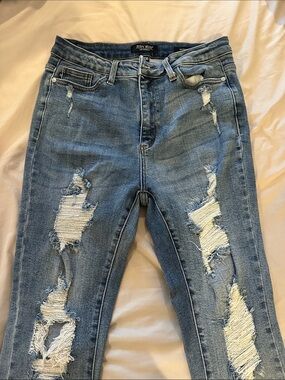 Judy Blue Light-Mid Blue Distressed Skinny Jeans